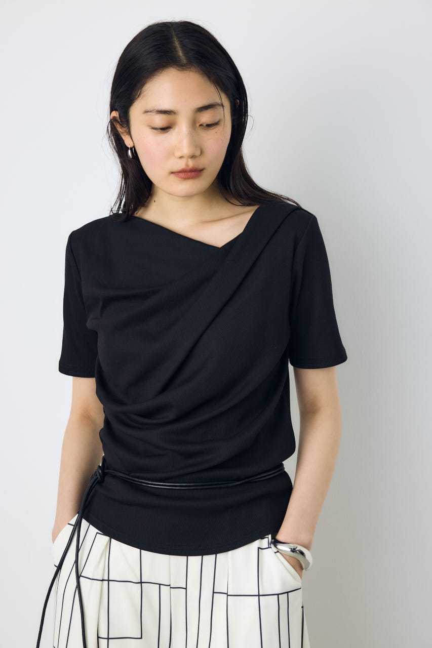【接触冷感】ドレープ5分袖トップス BLK M