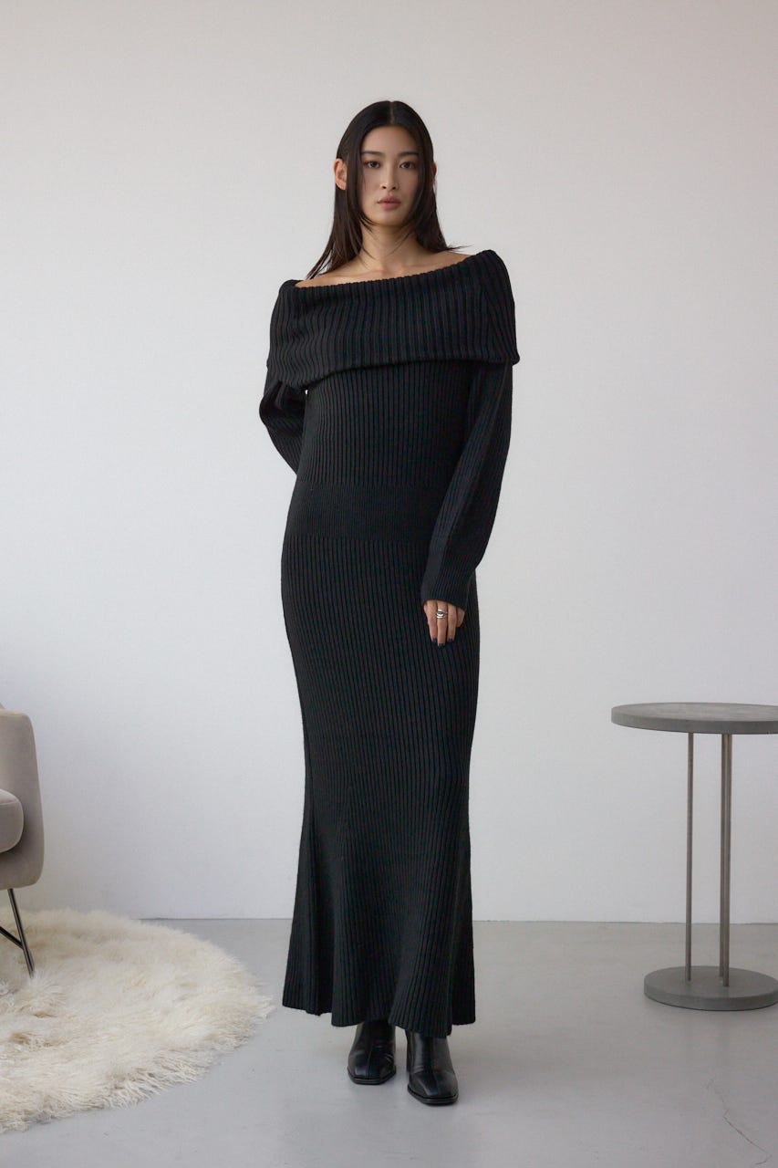 オフショルロングニットワンピース BLK M