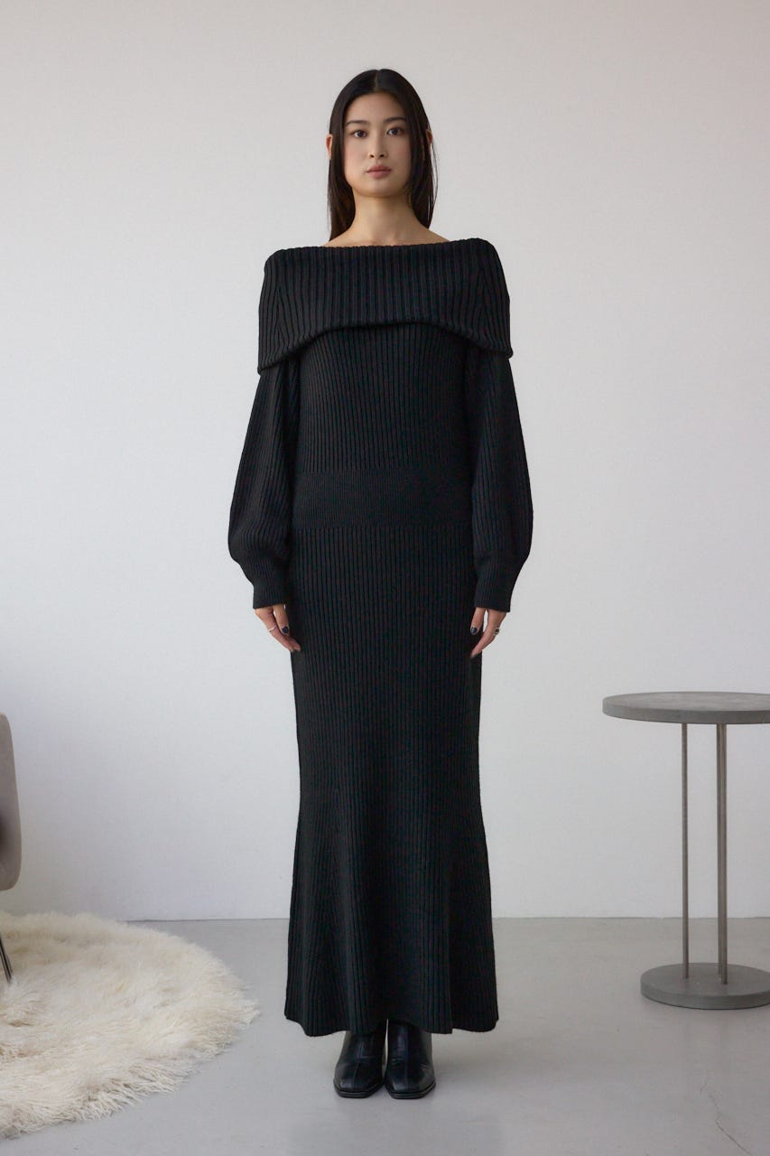 オフショルロングニットワンピース BLK M