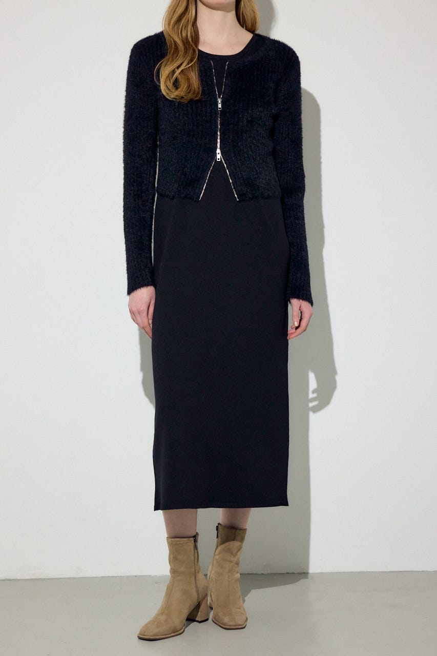 Wジップシャギーカーデセットニットワンピース BLK S