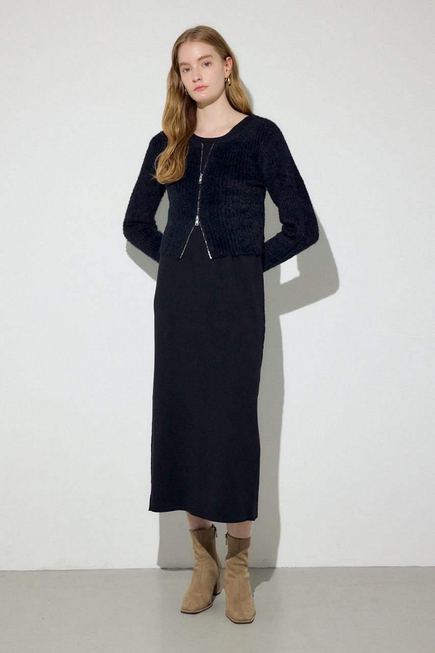 Wジップシャギーカーデセットニットワンピース BLK S