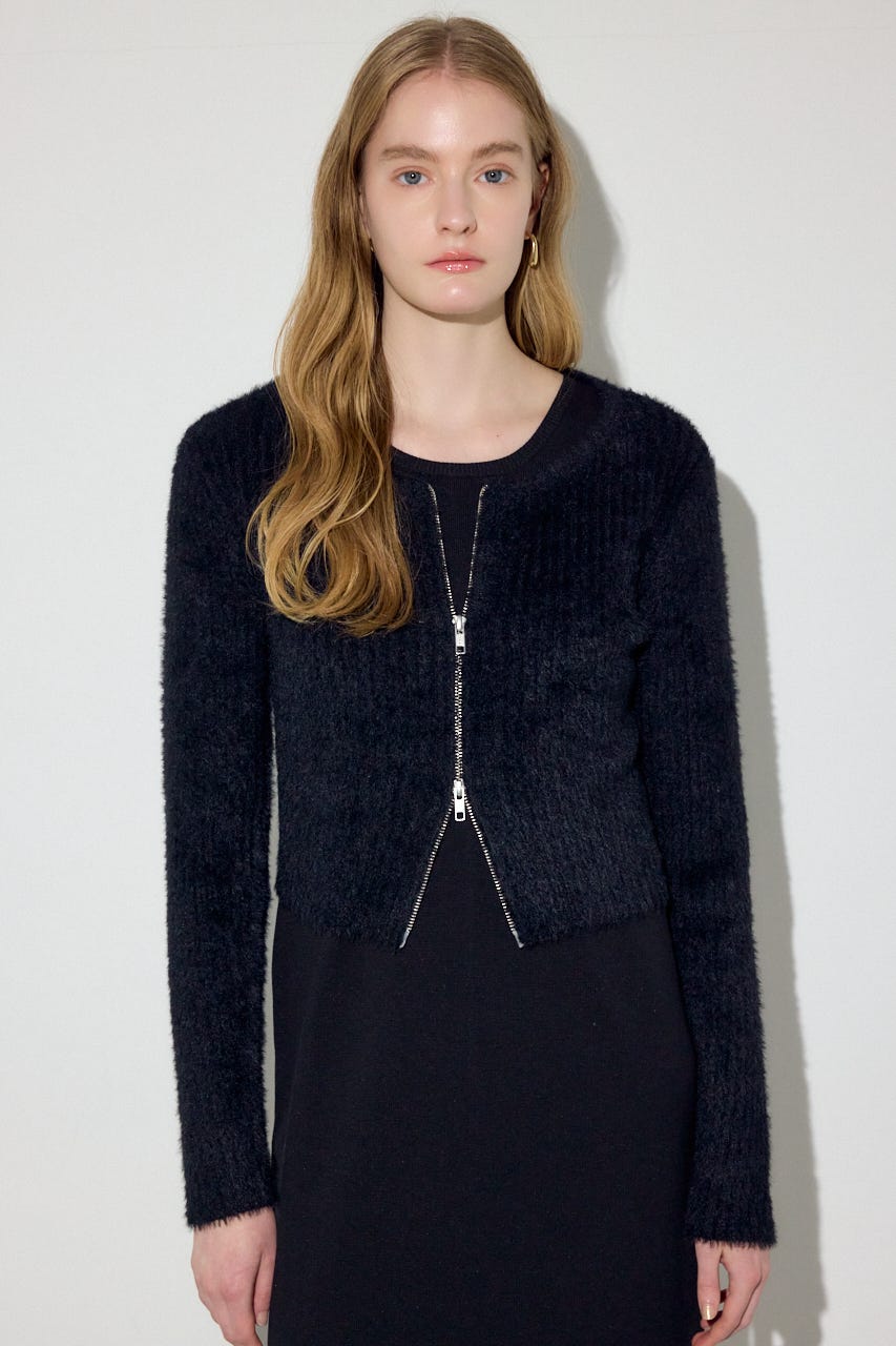 Wジップシャギーカーデセットニットワンピース BLK S