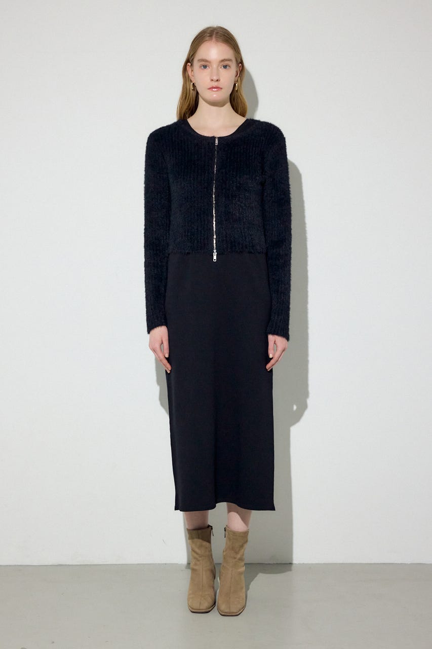 Wジップシャギーカーデセットニットワンピース BLK S