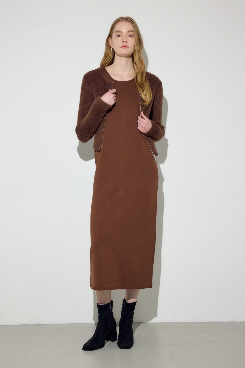 Wジップシャギーカーデセットニットワンピース BRN S