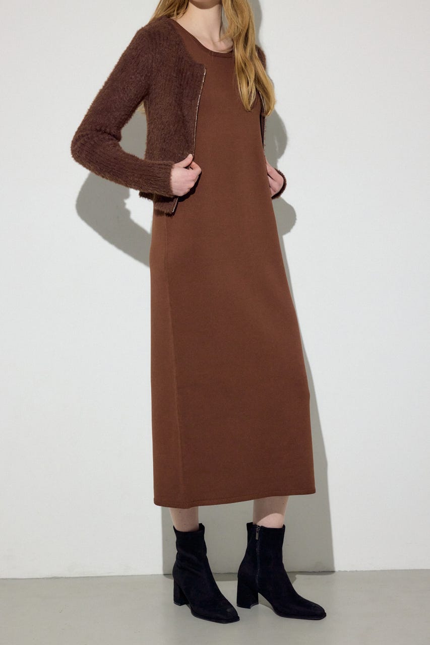 Wジップシャギーカーデセットニットワンピース BRN S