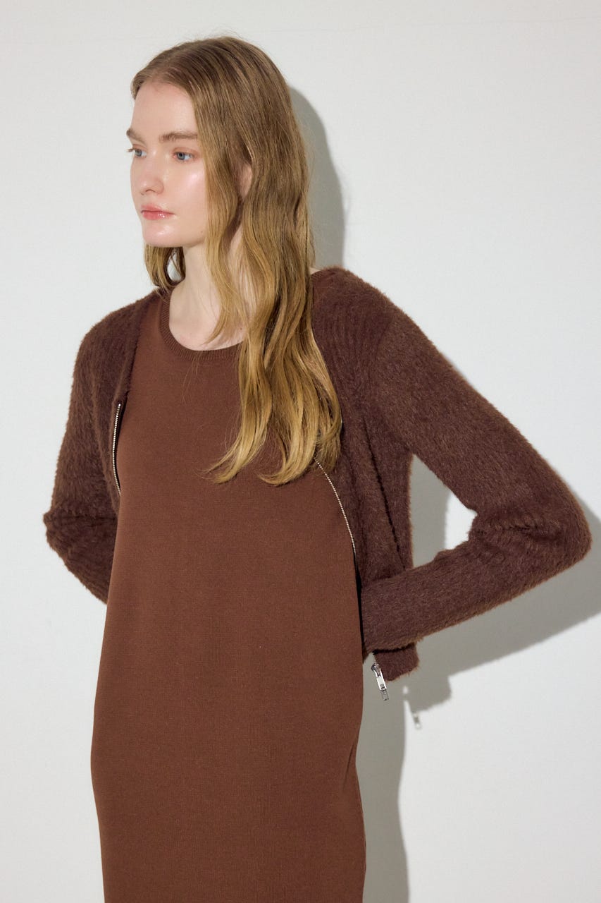 Wジップシャギーカーデセットニットワンピース BRN S