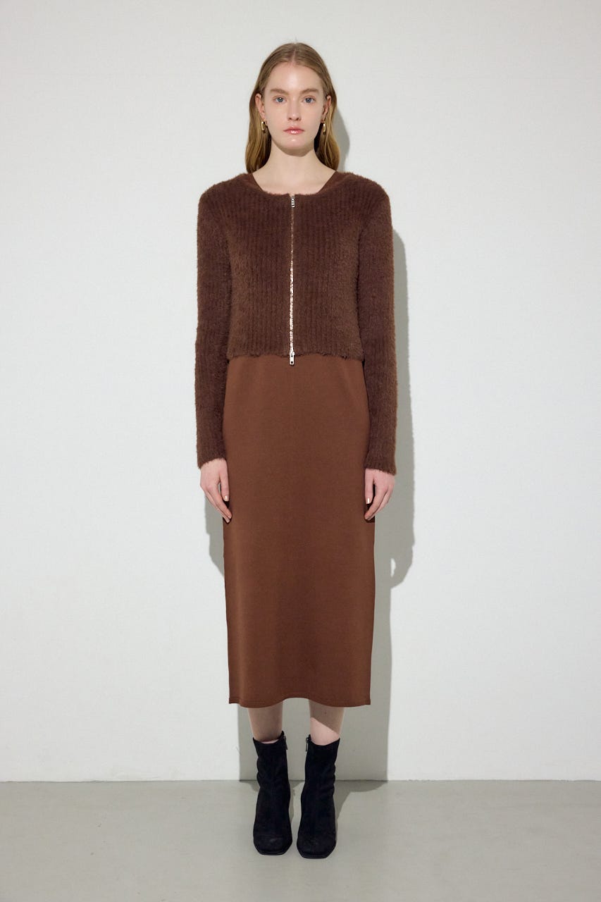 Wジップシャギーカーデセットニットワンピース BRN S