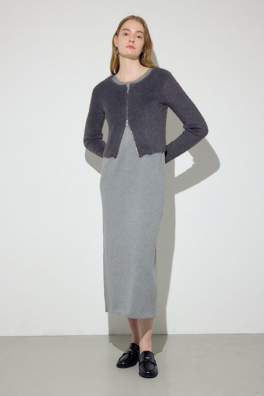 Wジップシャギーカーデセットニットワンピース GRY S