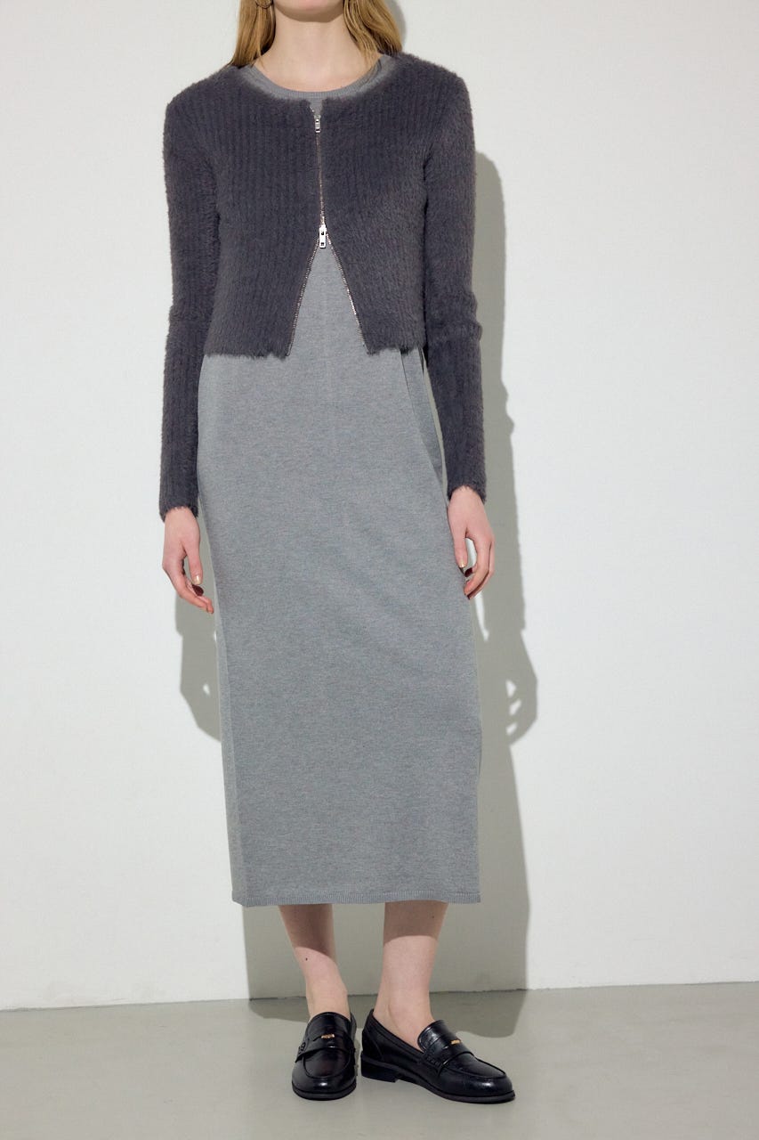 Wジップシャギーカーデセットニットワンピース GRY S