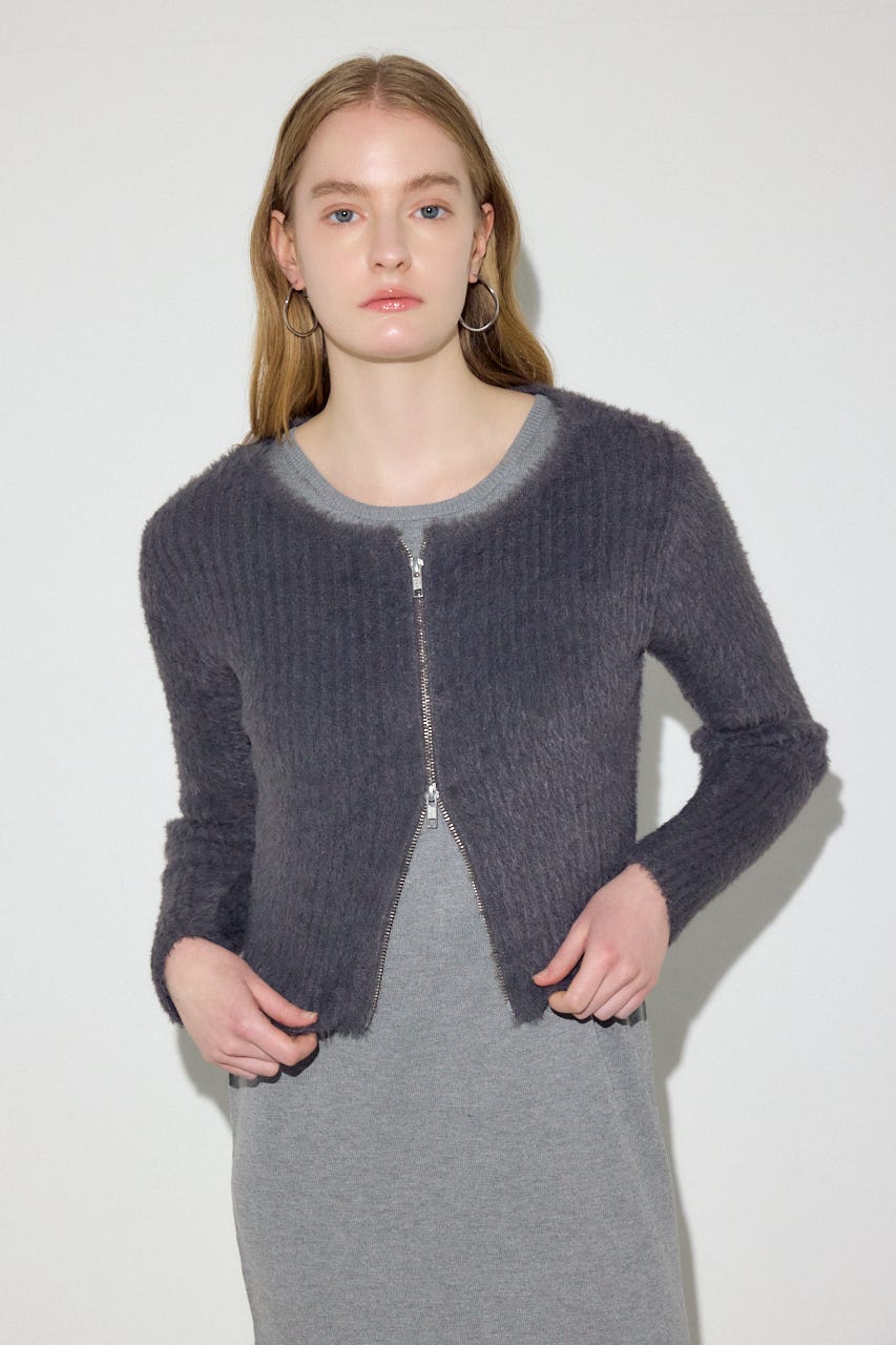 Wジップシャギーカーデセットニットワンピース GRY S