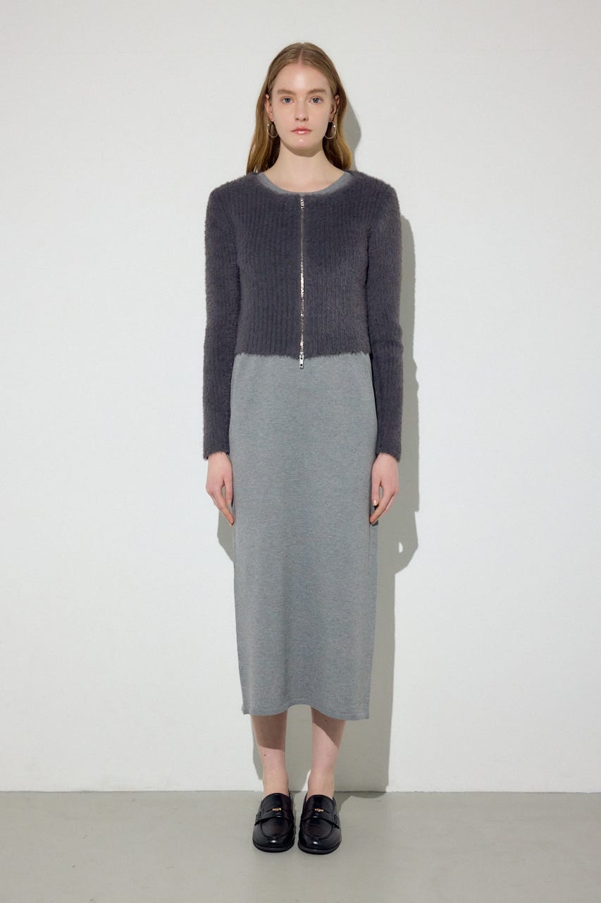 Wジップシャギーカーデセットニットワンピース GRY S