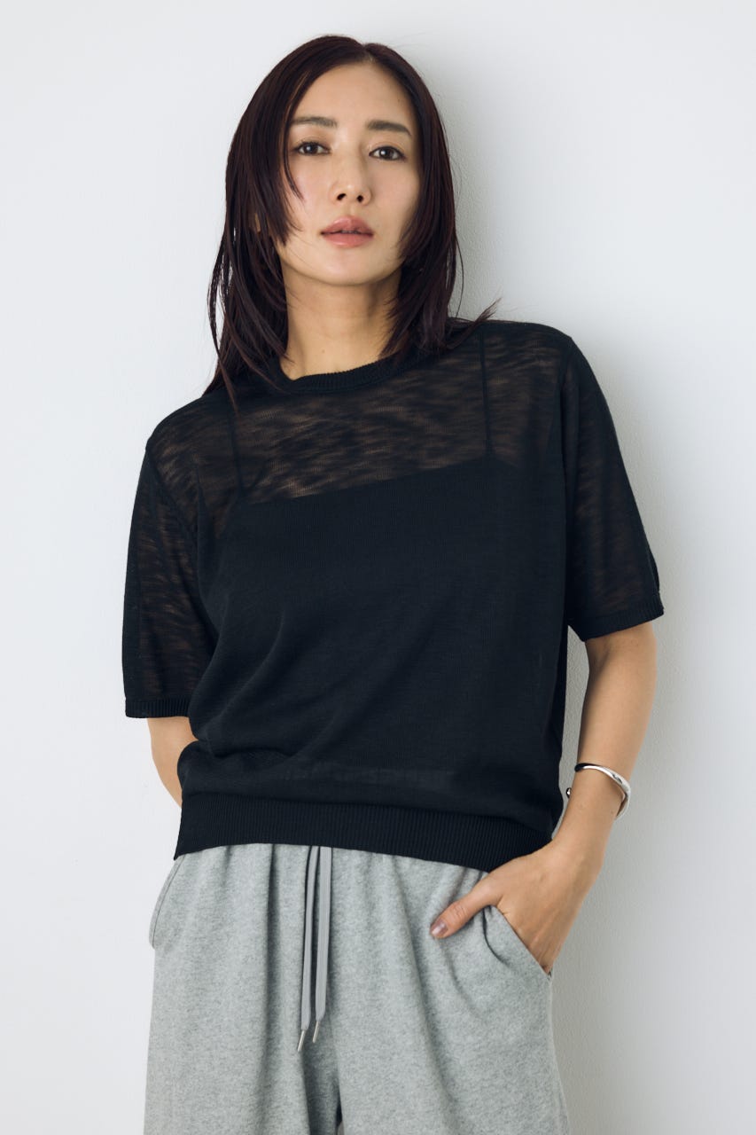 シアークルーネックニットトップス BLK M