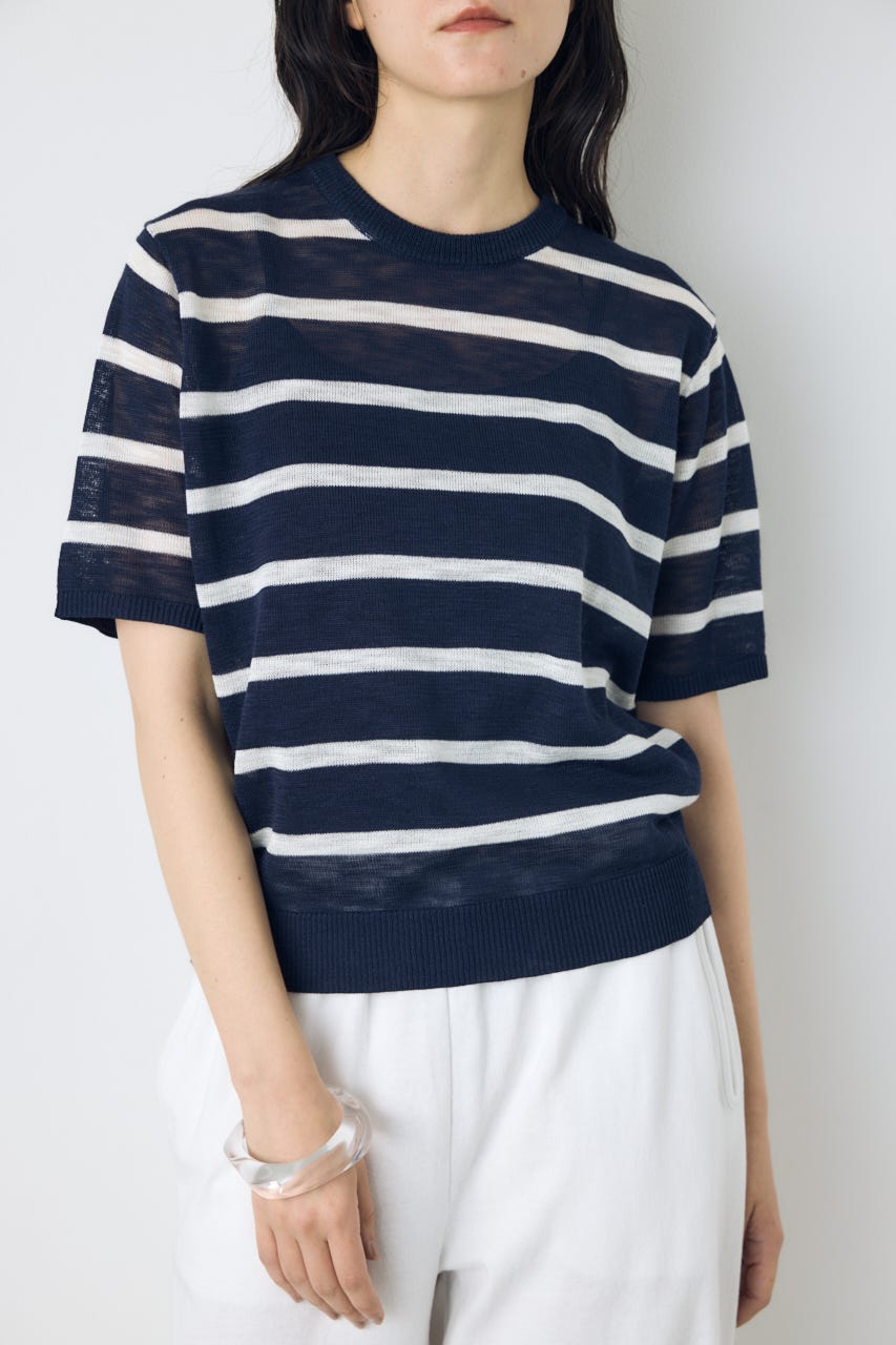 シアークルーネックニットトップス 柄NVY M