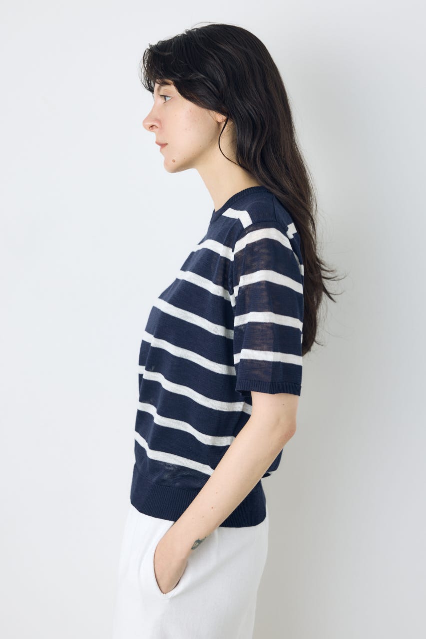 シアークルーネックニットトップス 柄NVY M