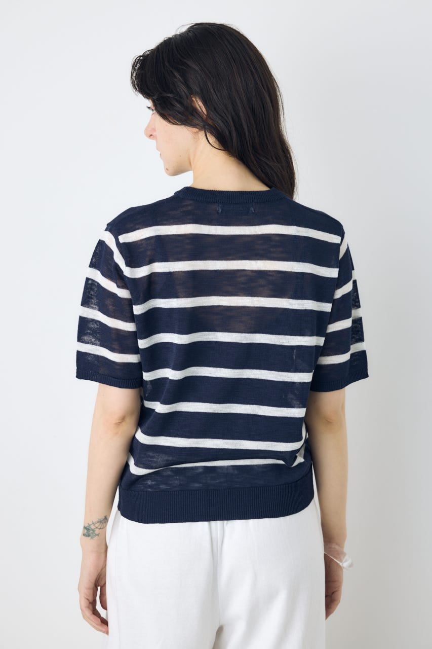 シアークルーネックニットトップス 柄NVY M