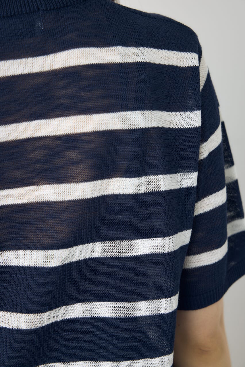 シアークルーネックニットトップス 柄NVY M