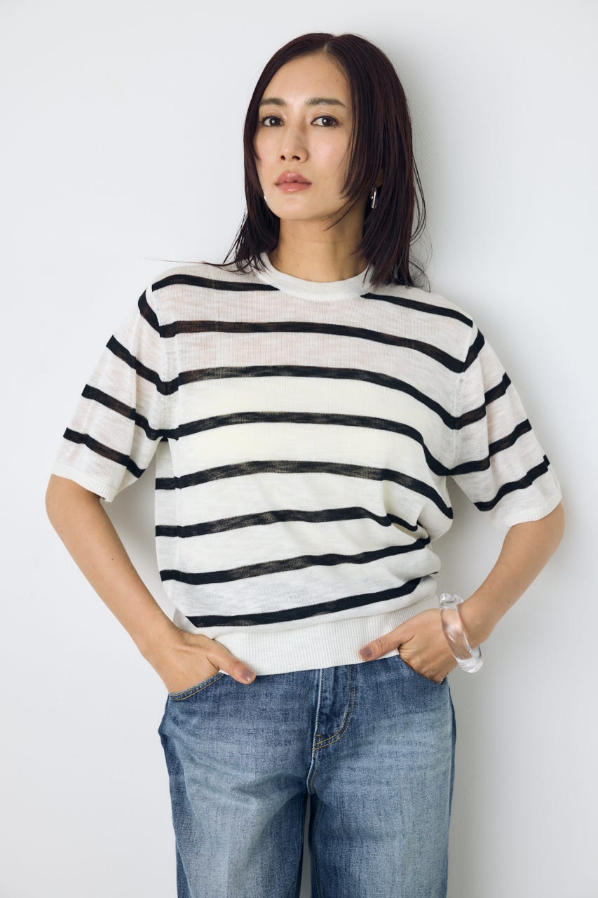 シアークルーネックニットトップス 柄WHT S