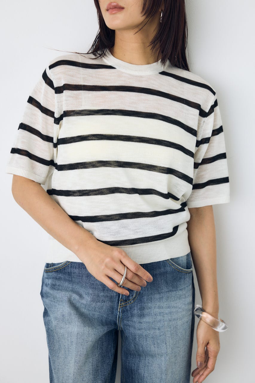 シアークルーネックニットトップス 柄WHT S