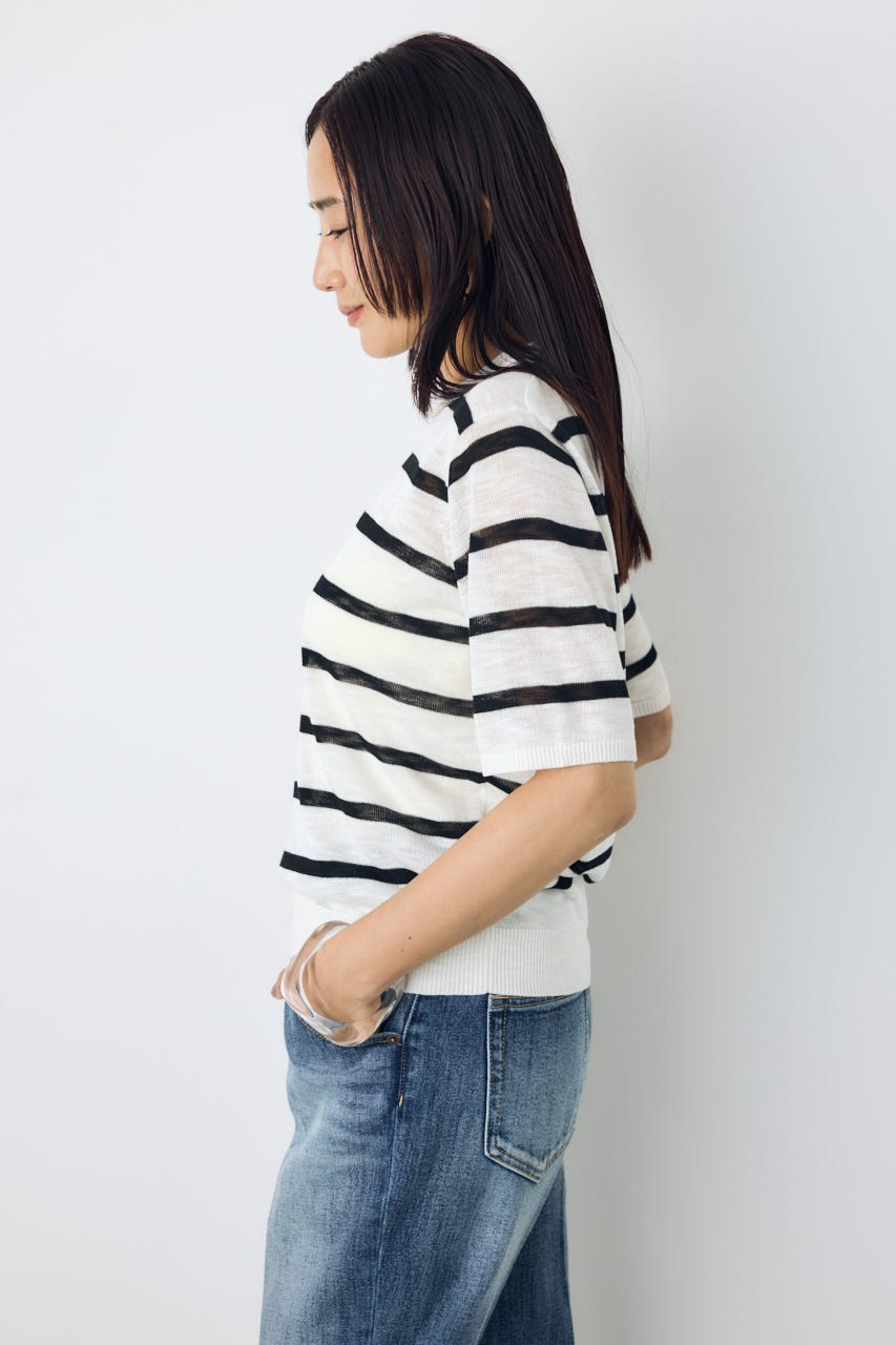 シアークルーネックニットトップス 柄WHT S