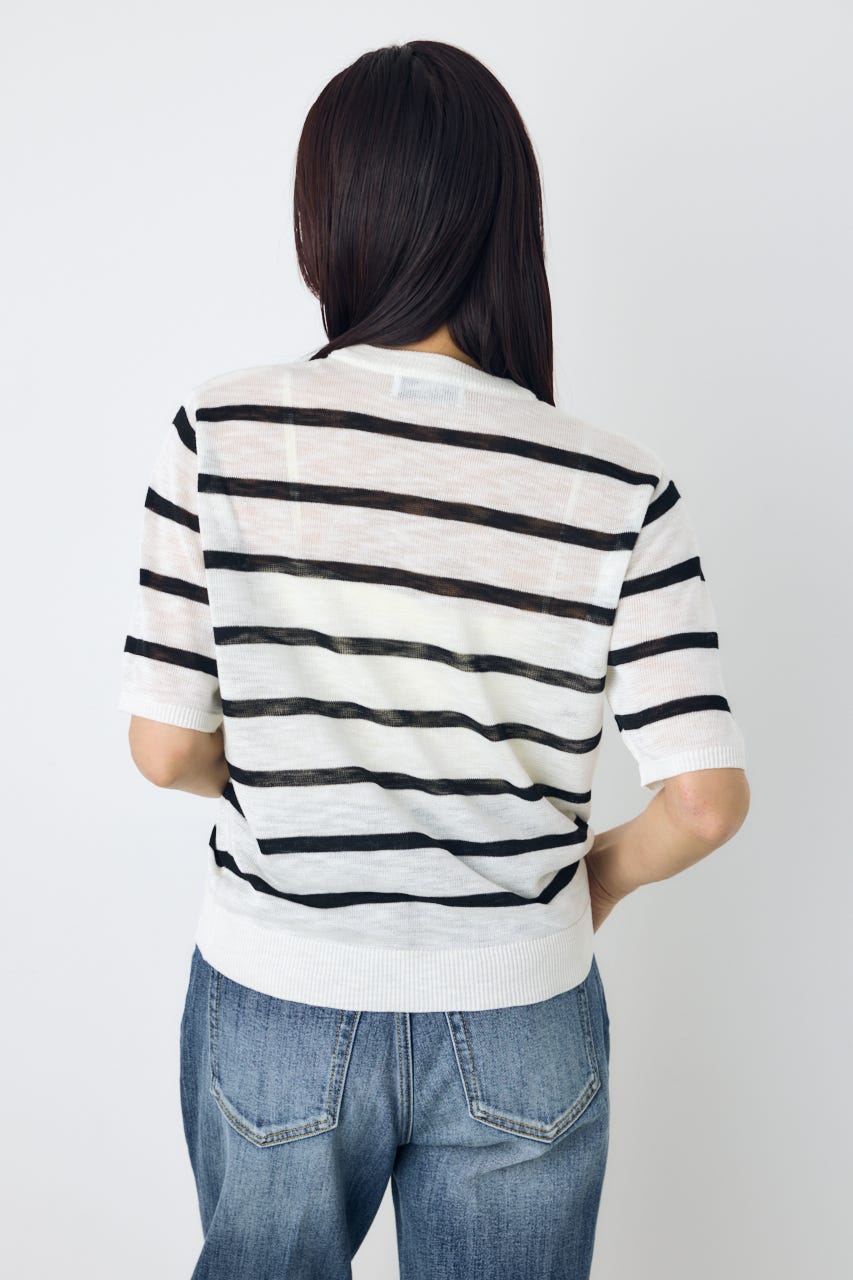 シアークルーネックニットトップス 柄WHT S