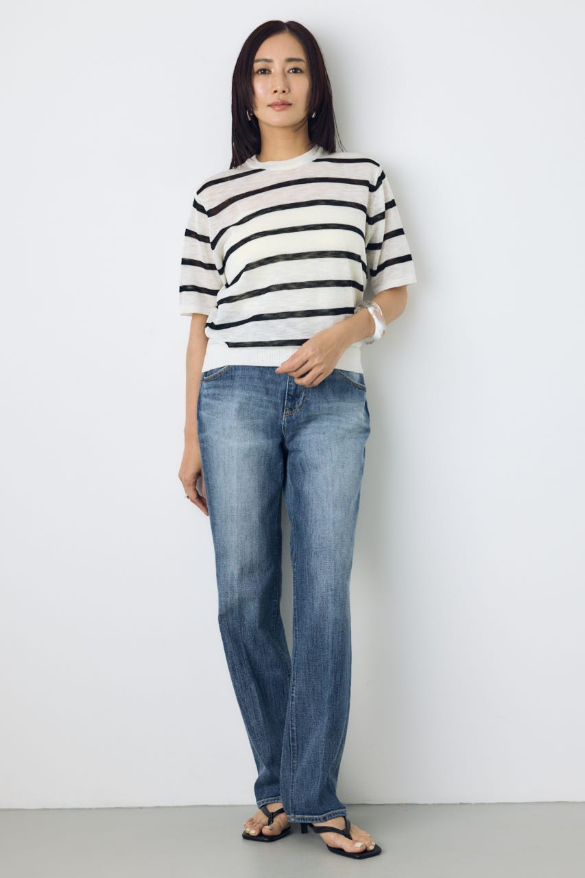 シアークルーネックニットトップス 柄WHT S