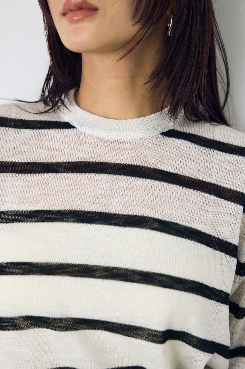 シアークルーネックニットトップス 柄WHT S