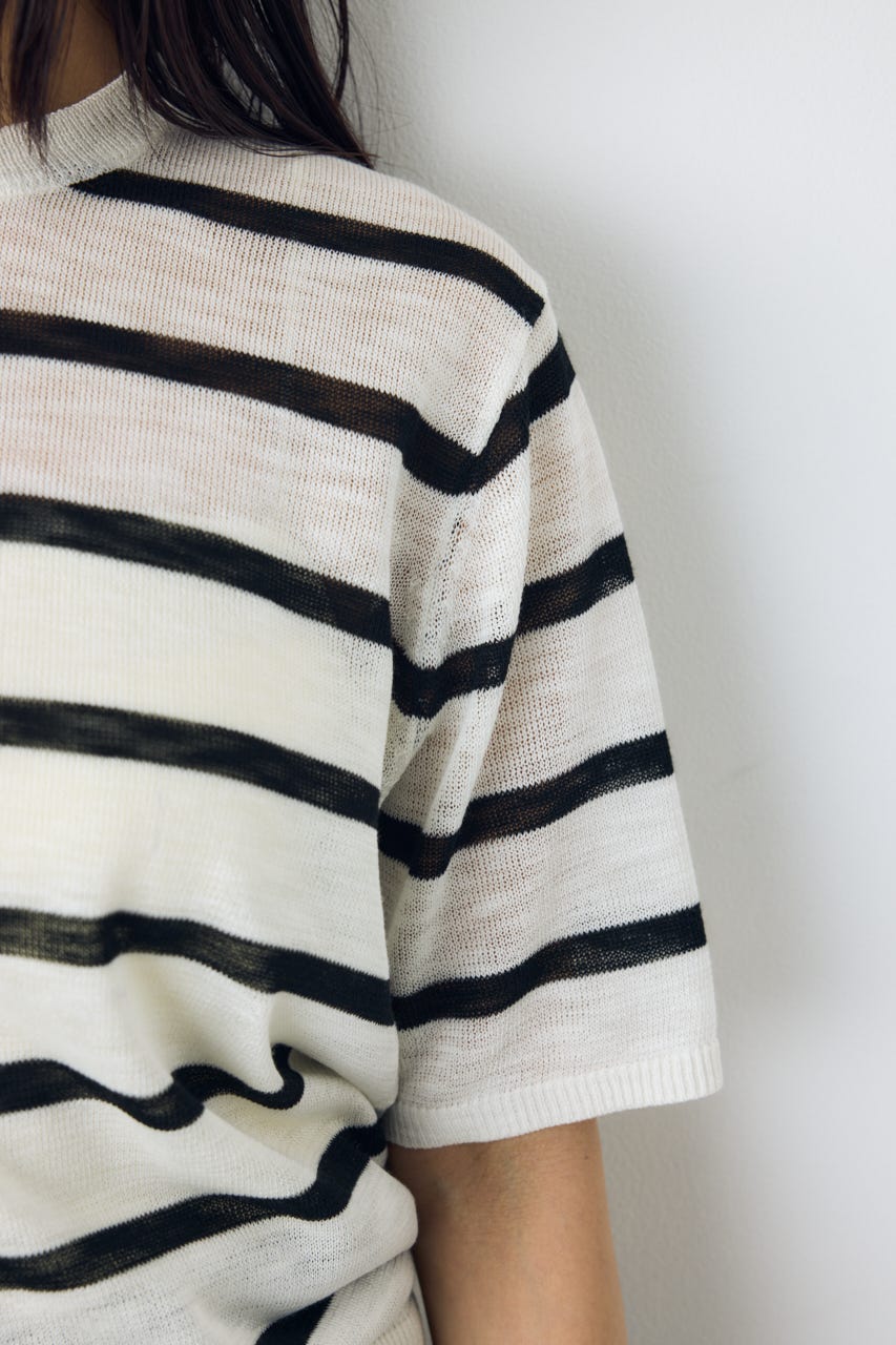 シアークルーネックニットトップス 柄WHT S