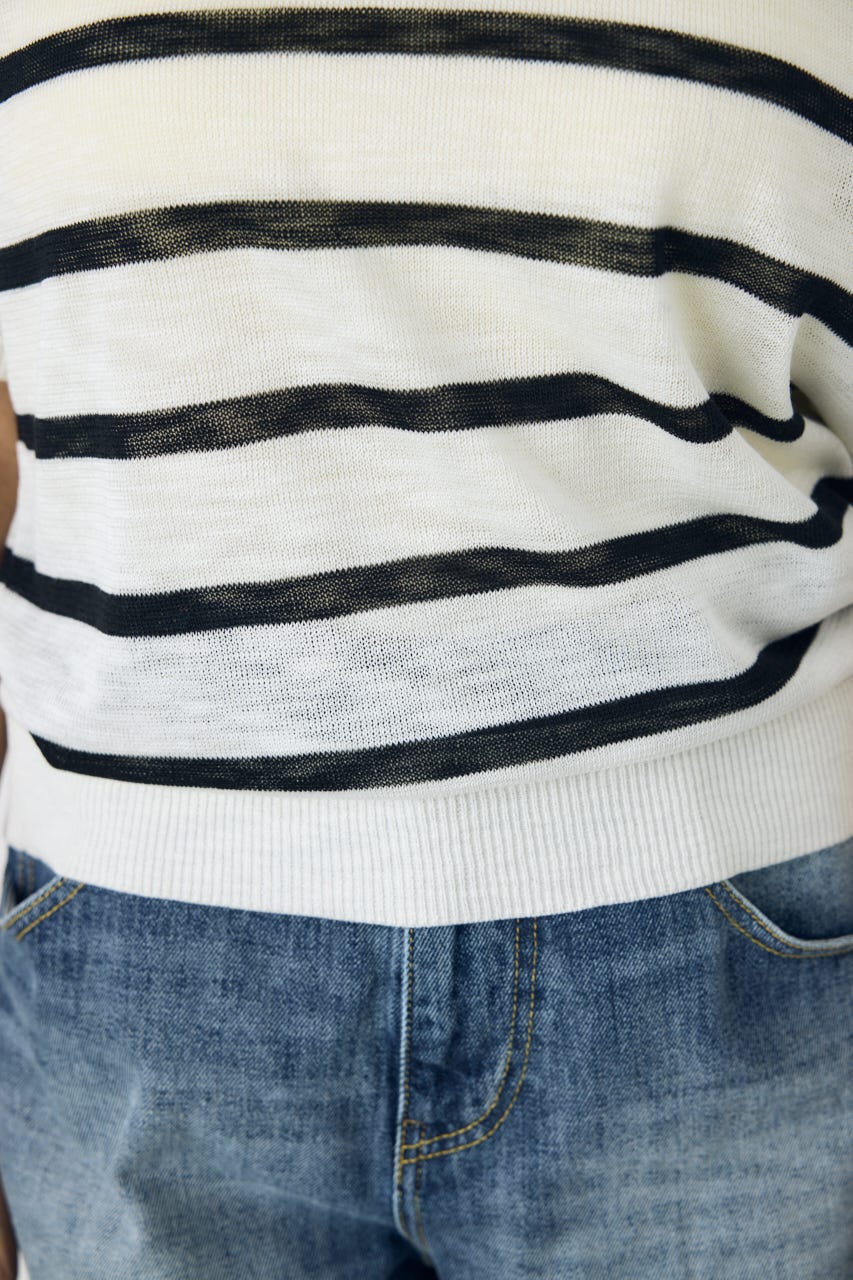 シアークルーネックニットトップス 柄WHT S