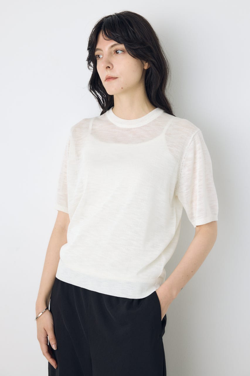 シアークルーネックニットトップス WHT M