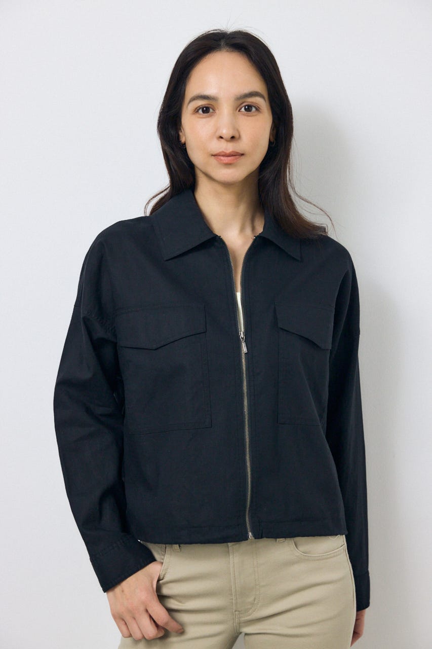 ソフトリネンステンカラーショートブルゾン BLK FREE