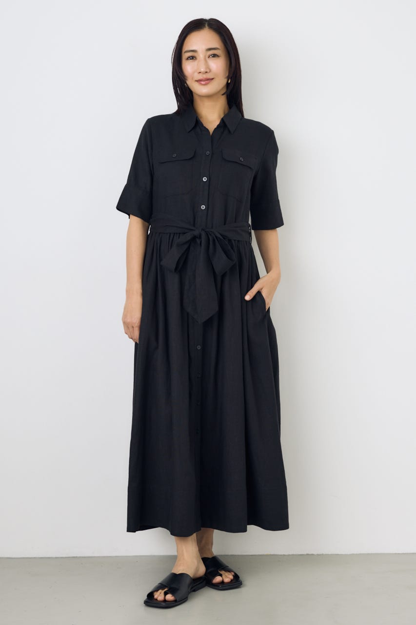 リネンベルテッドフレアボタンワンピース BLK S