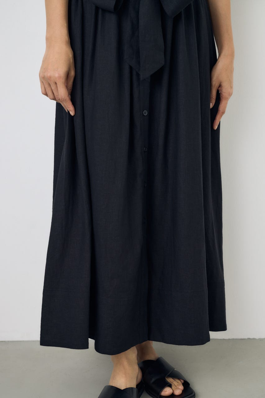リネンベルテッドフレアボタンワンピース BLK S