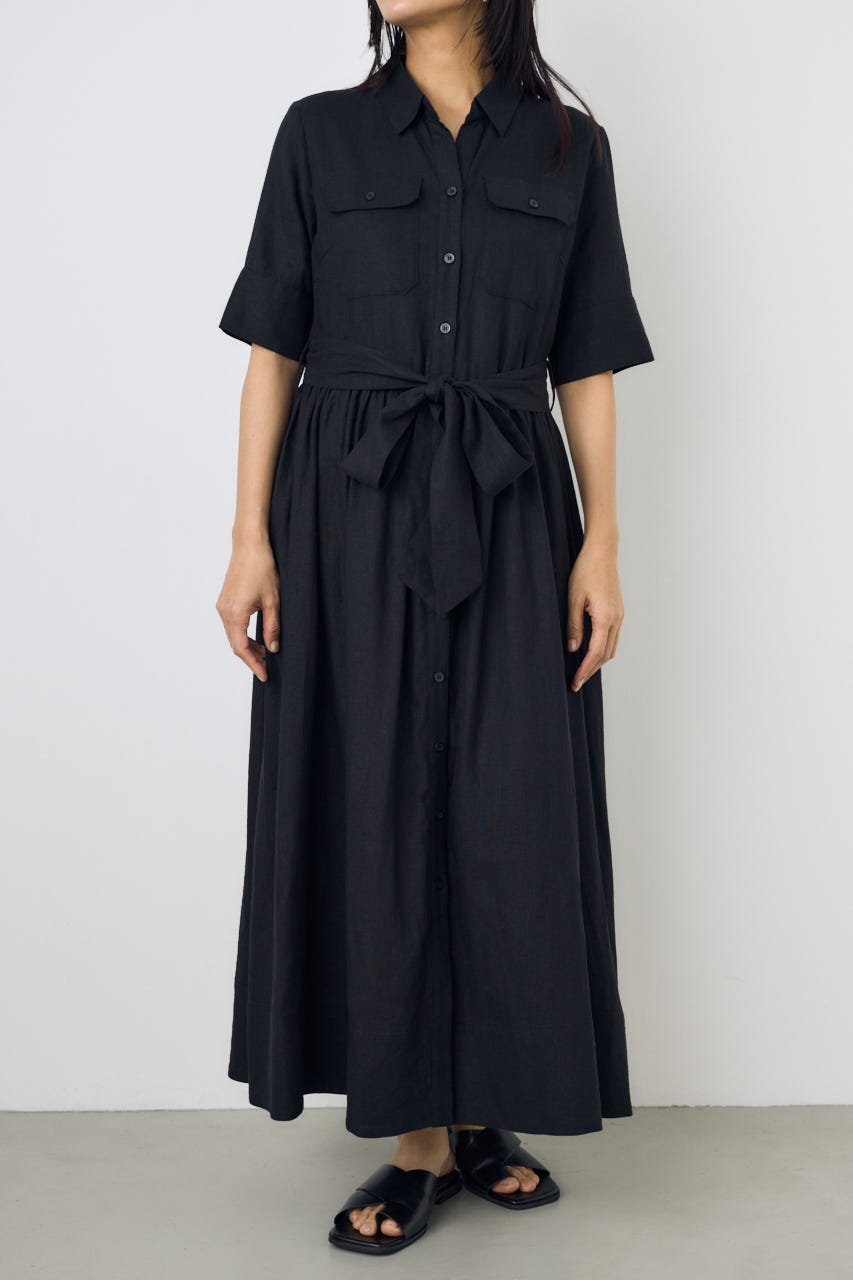 リネンベルテッドフレアボタンワンピース BLK S