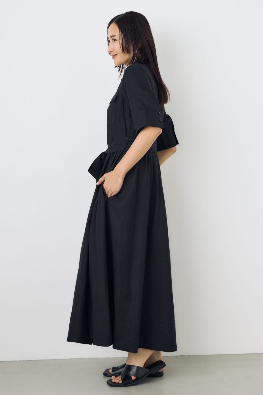 リネンベルテッドフレアボタンワンピース BLK S