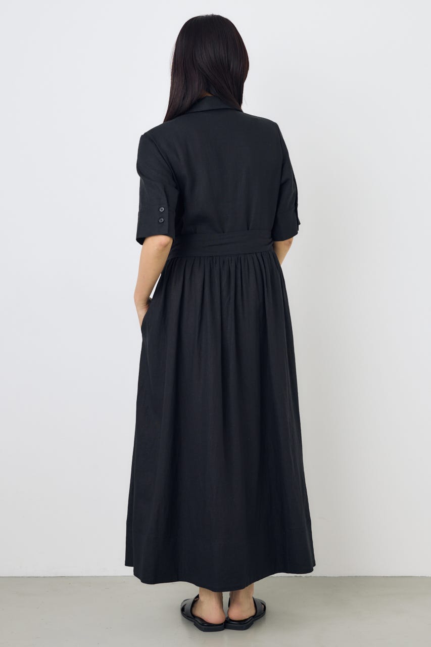 リネンベルテッドフレアボタンワンピース BLK S
