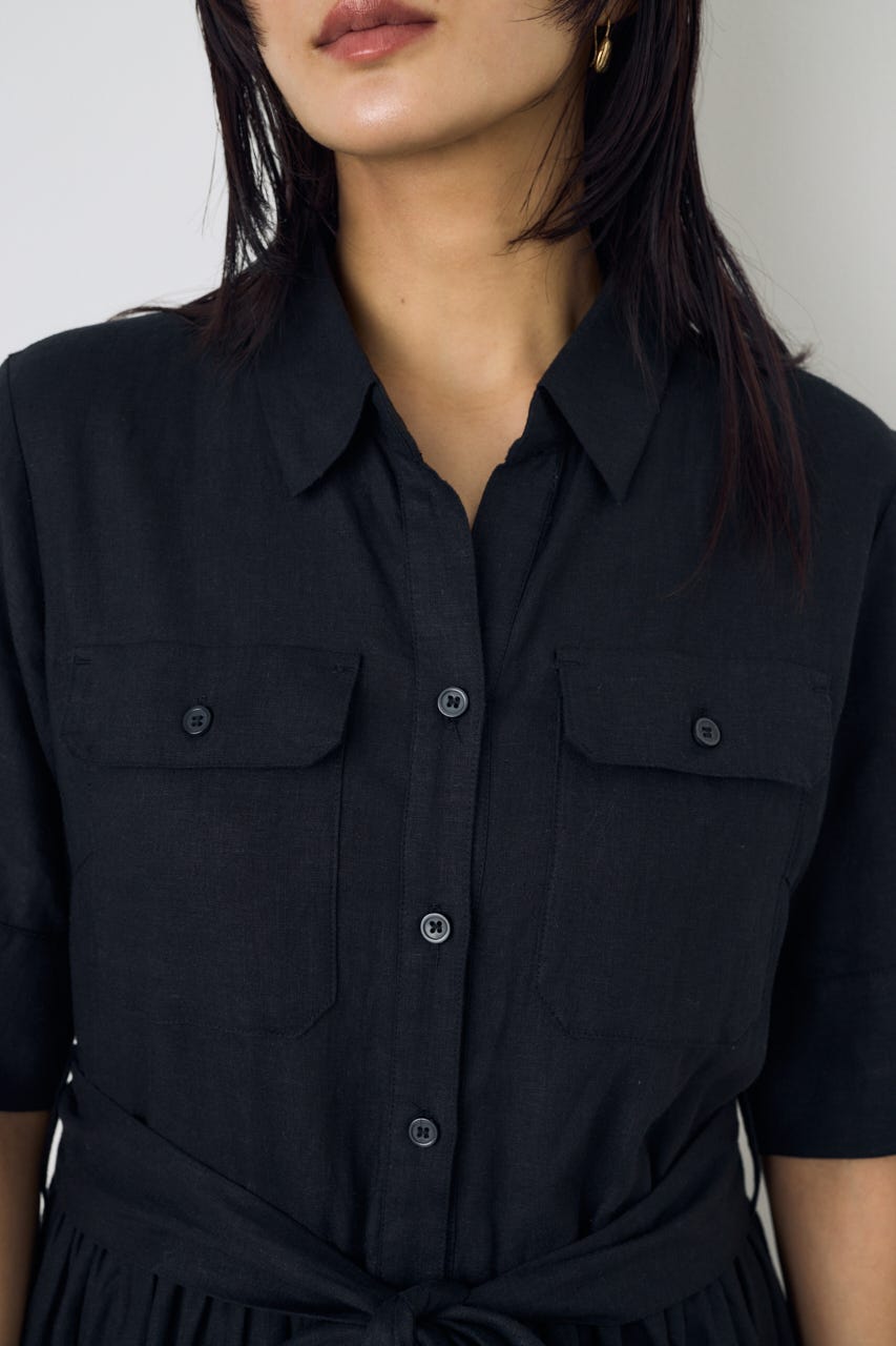 リネンベルテッドフレアボタンワンピース BLK S