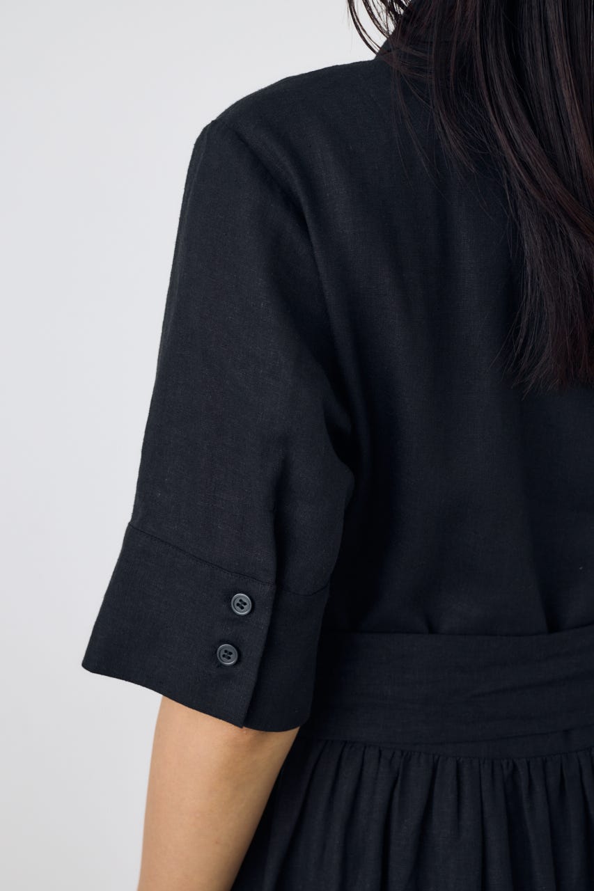 リネンベルテッドフレアボタンワンピース BLK S