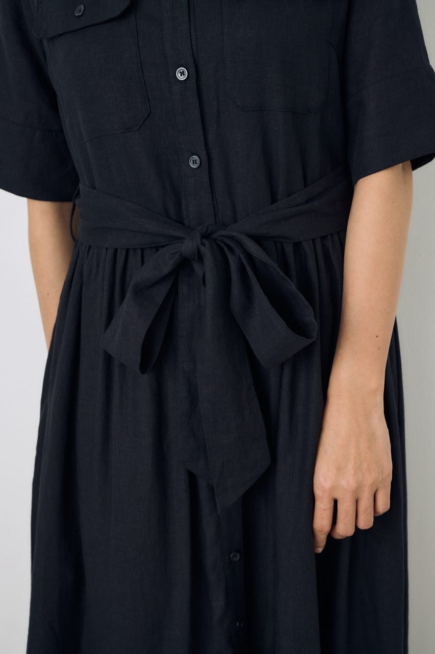 リネンベルテッドフレアボタンワンピース BLK S