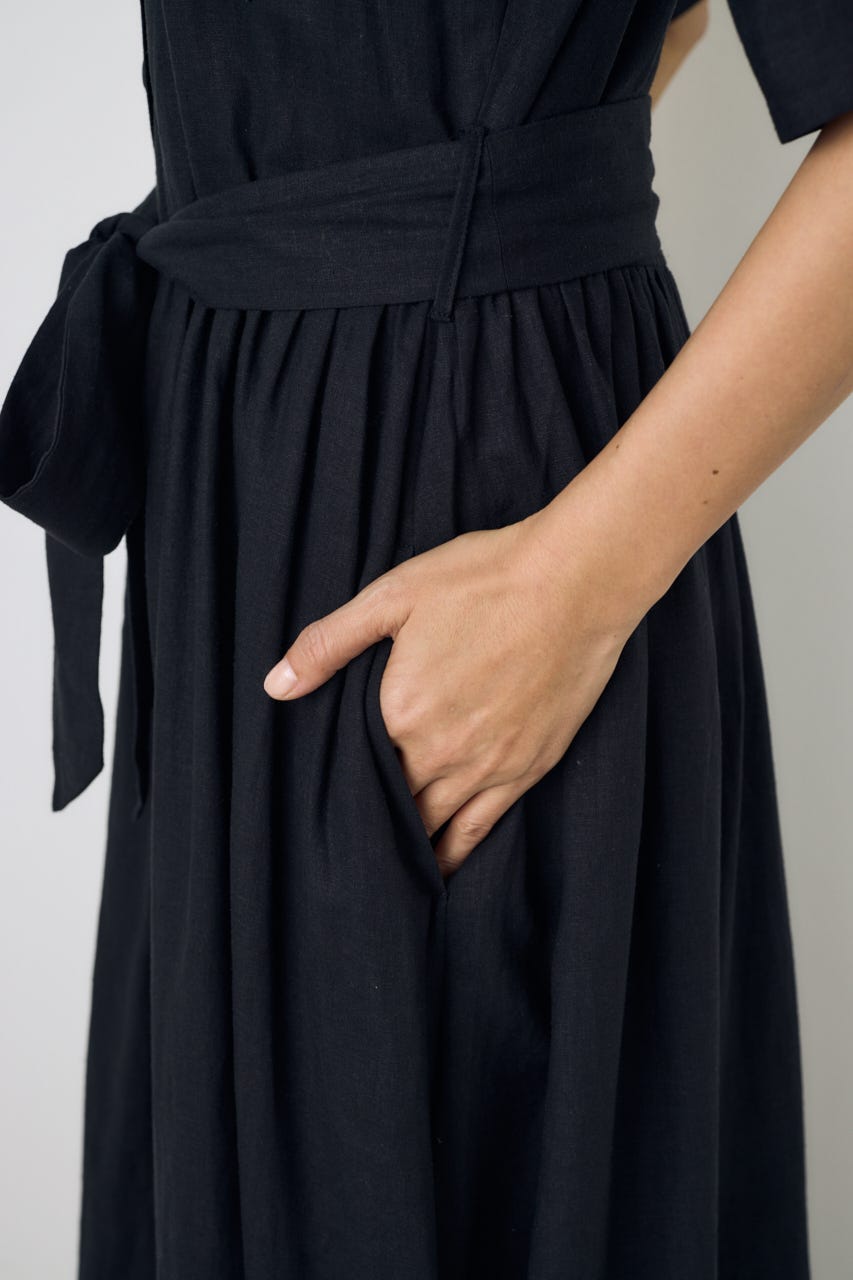 リネンベルテッドフレアボタンワンピース BLK S