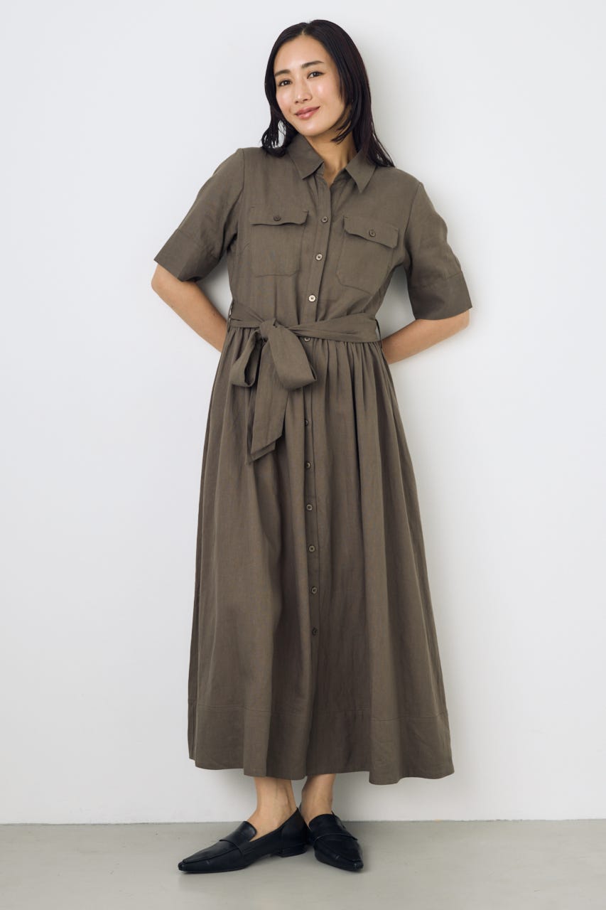 リネンベルテッドフレアボタンワンピース KHA M