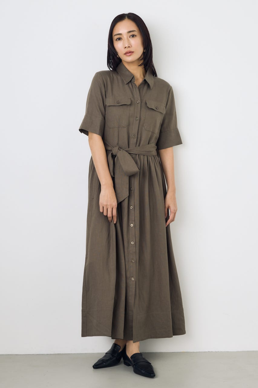 リネンベルテッドフレアボタンワンピース KHA M