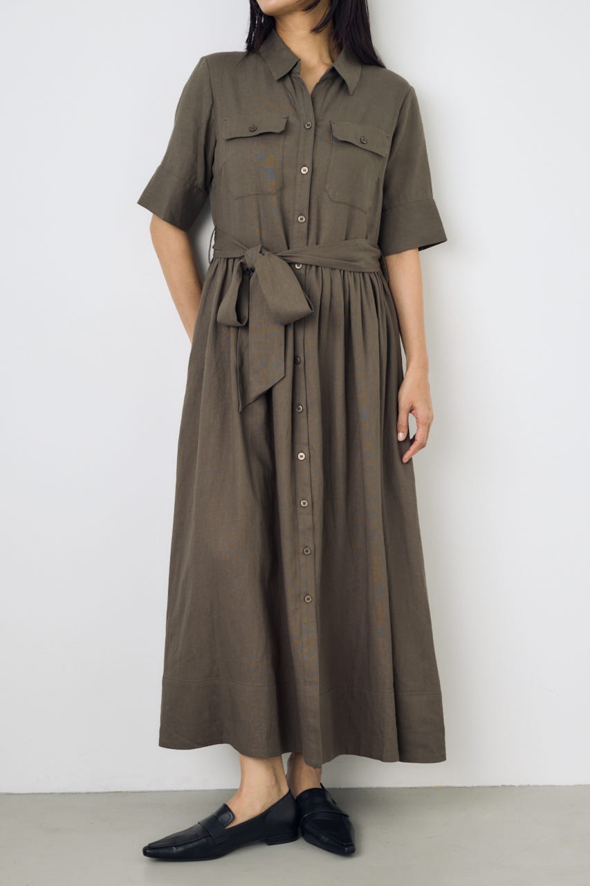 リネンベルテッドフレアボタンワンピース KHA M
