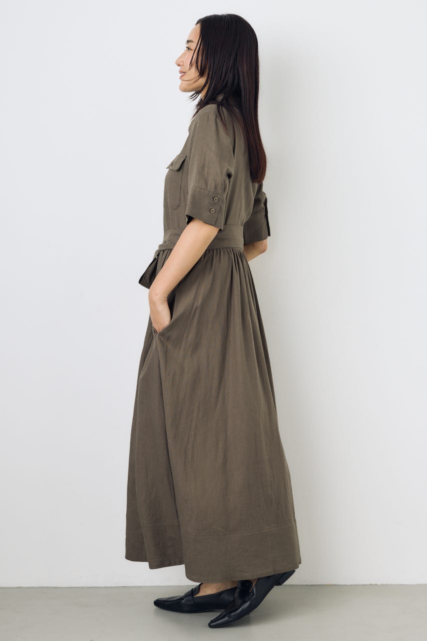 リネンベルテッドフレアボタンワンピース KHA M