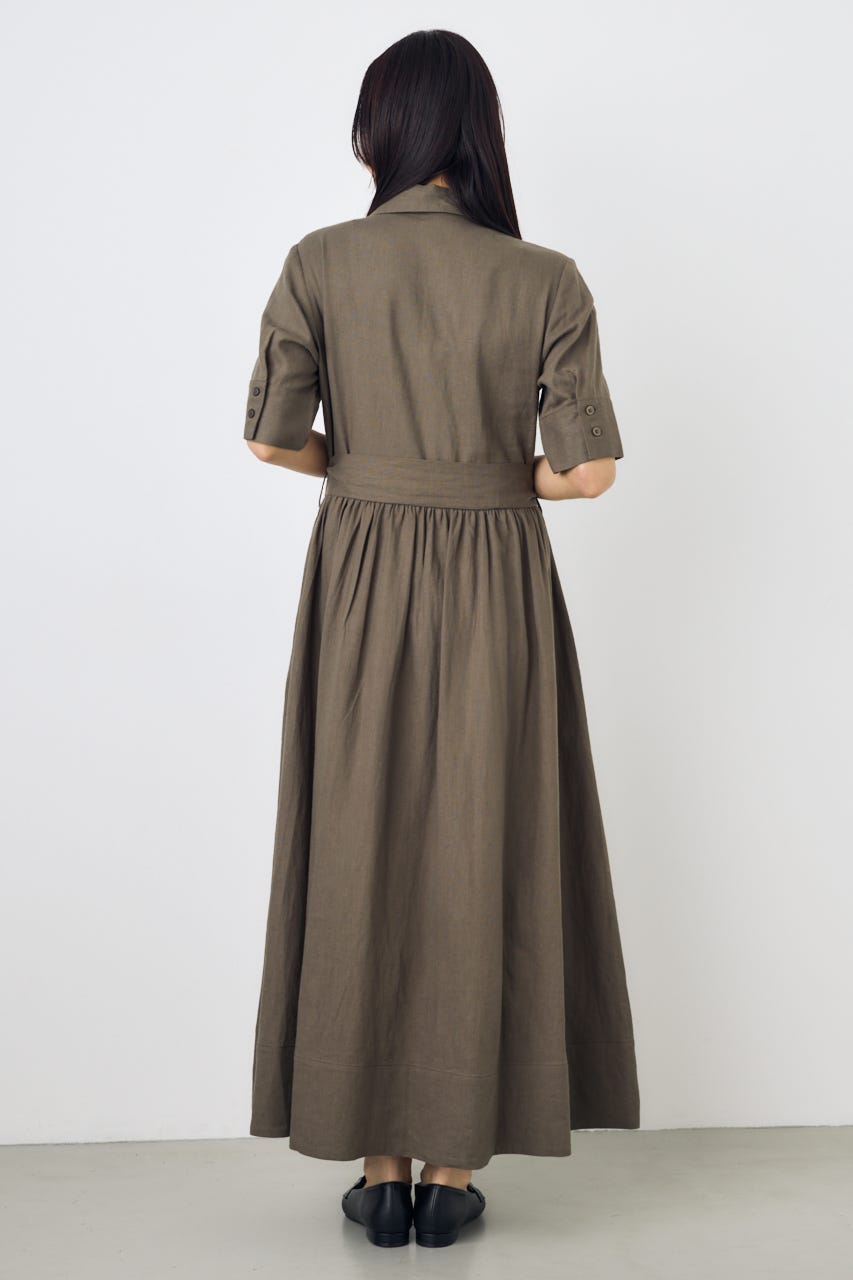 リネンベルテッドフレアボタンワンピース KHA M