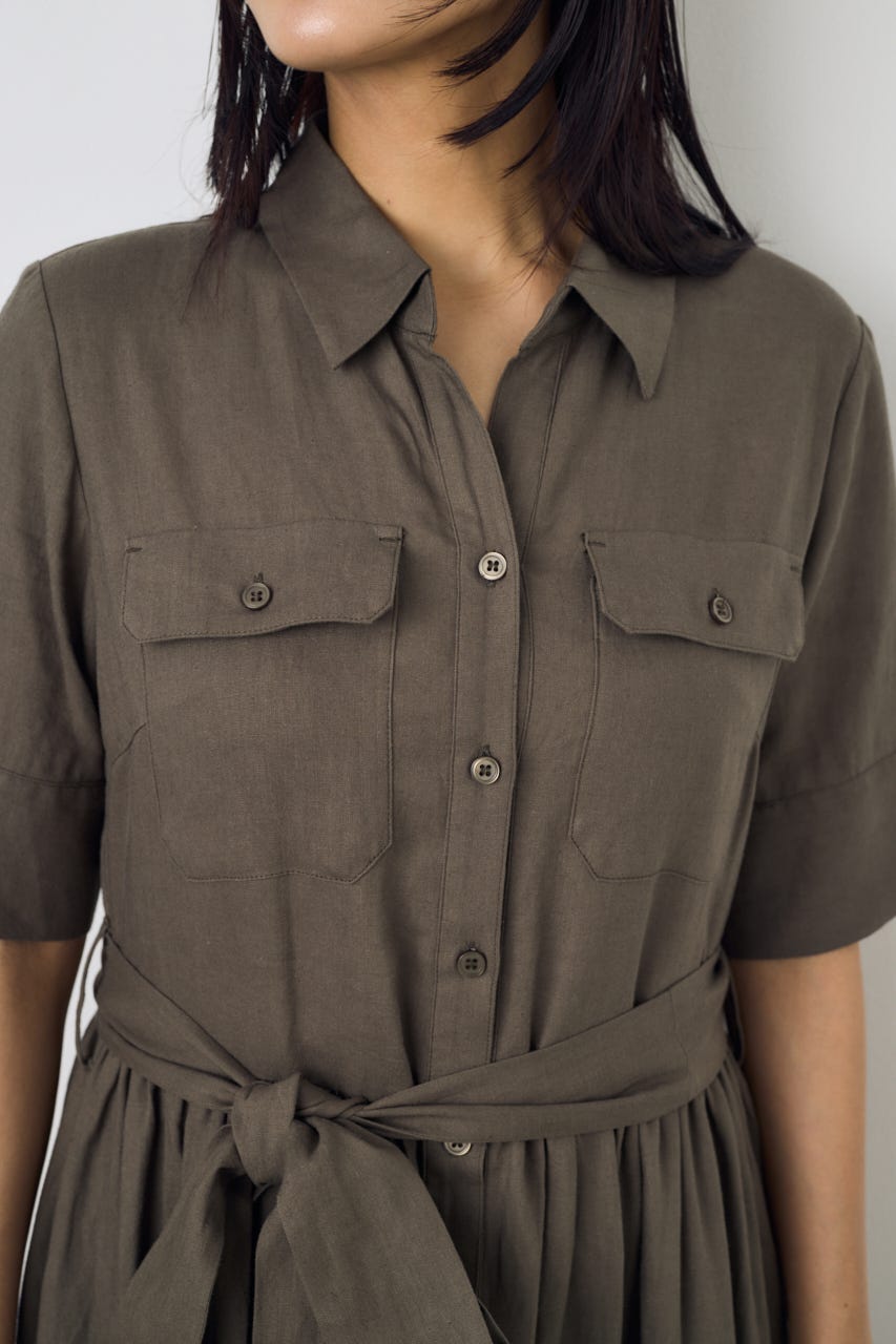 リネンベルテッドフレアボタンワンピース KHA M