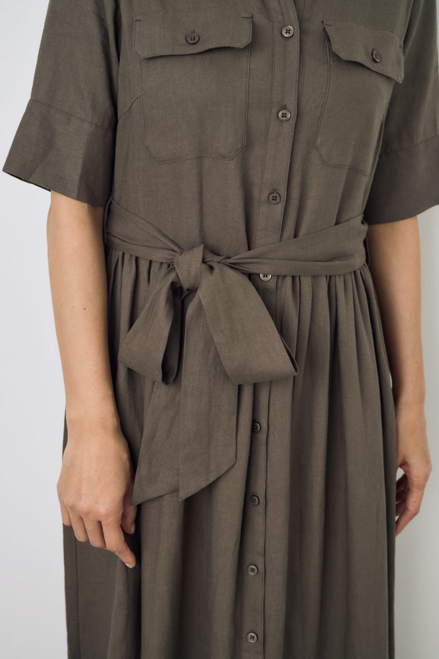 リネンベルテッドフレアボタンワンピース KHA M