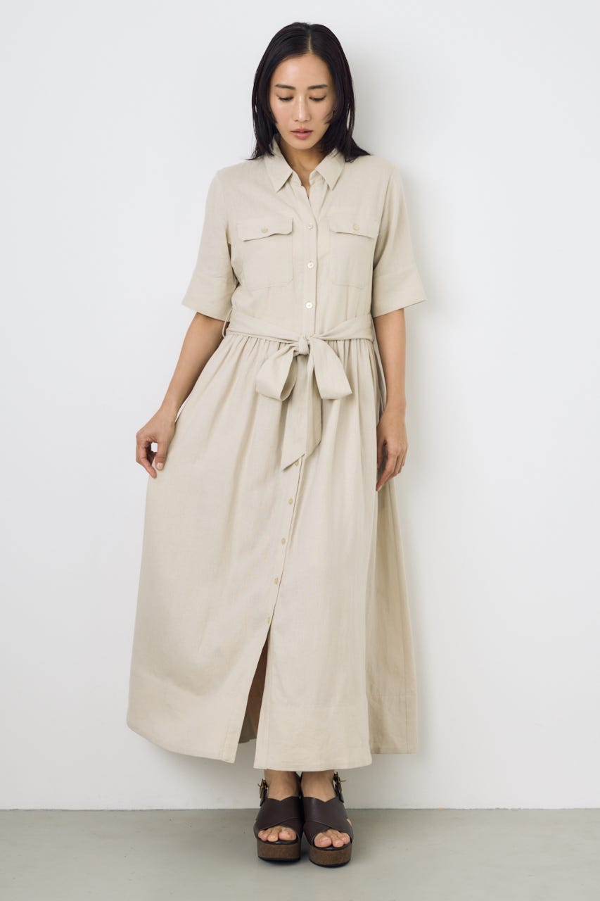 リネンベルテッドフレアボタンワンピース L/BEG M