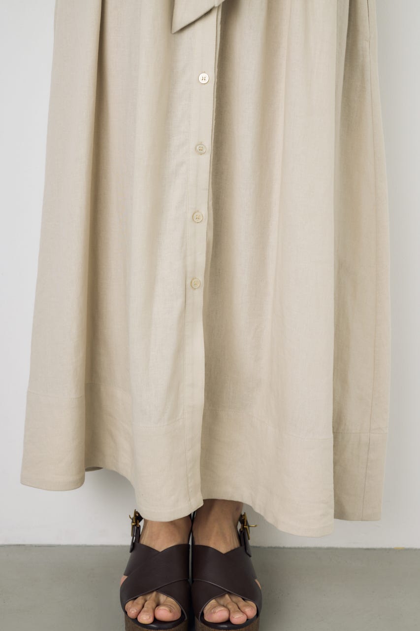 リネンベルテッドフレアボタンワンピース L/BEG M