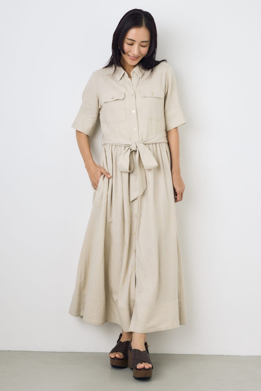 リネンベルテッドフレアボタンワンピース L/BEG M