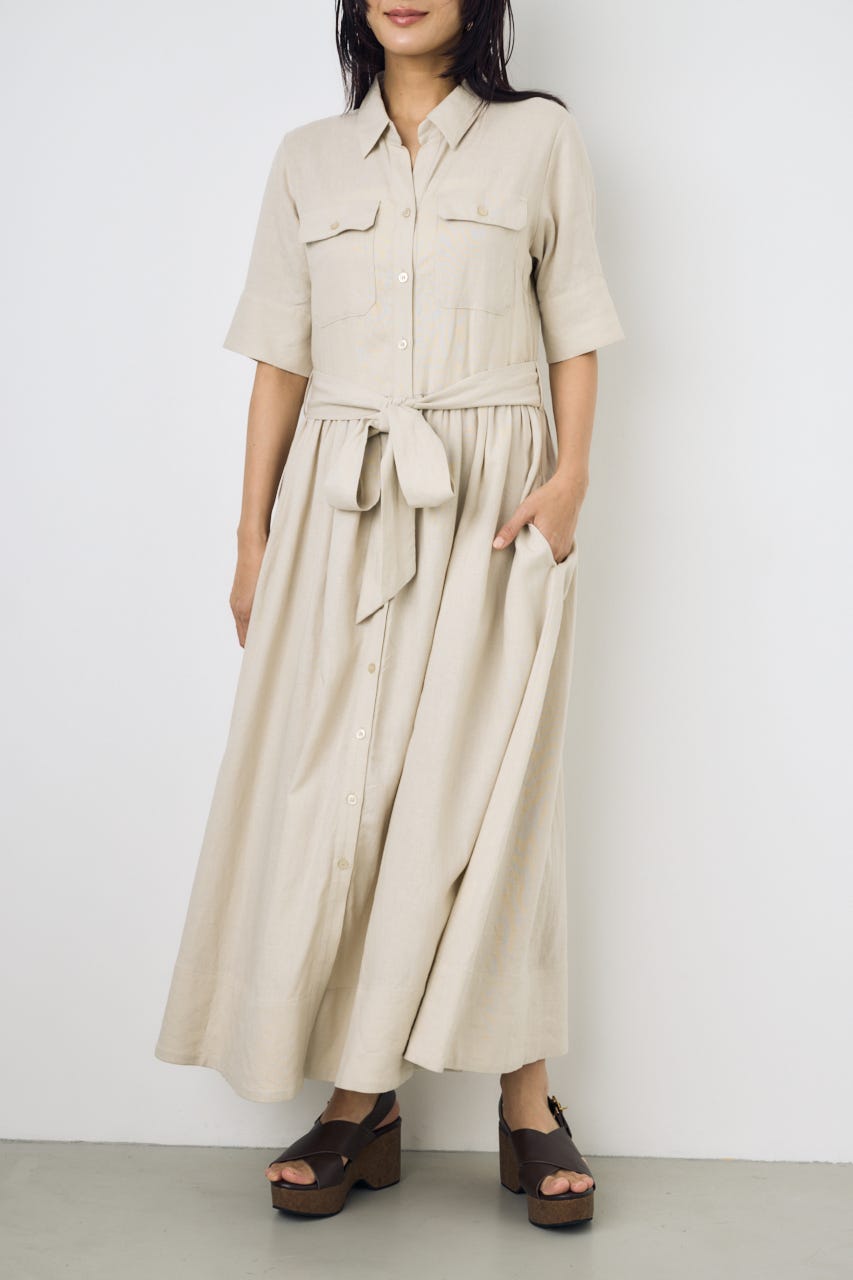 リネンベルテッドフレアボタンワンピース L/BEG M